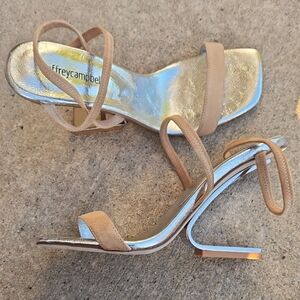 Jeffrey Campbell Nude Suede Strappy Heels with Metallic Insole